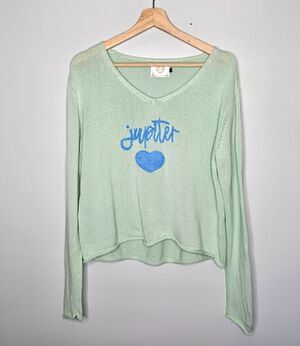 PEARLS & CAMO Jupiter Sweater Green L Knit Coastal Beachy Pullover Casual Top